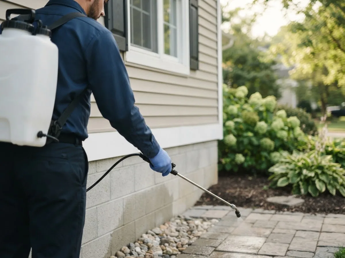 Pest control technician inspecting a home in Alum Creek, WV